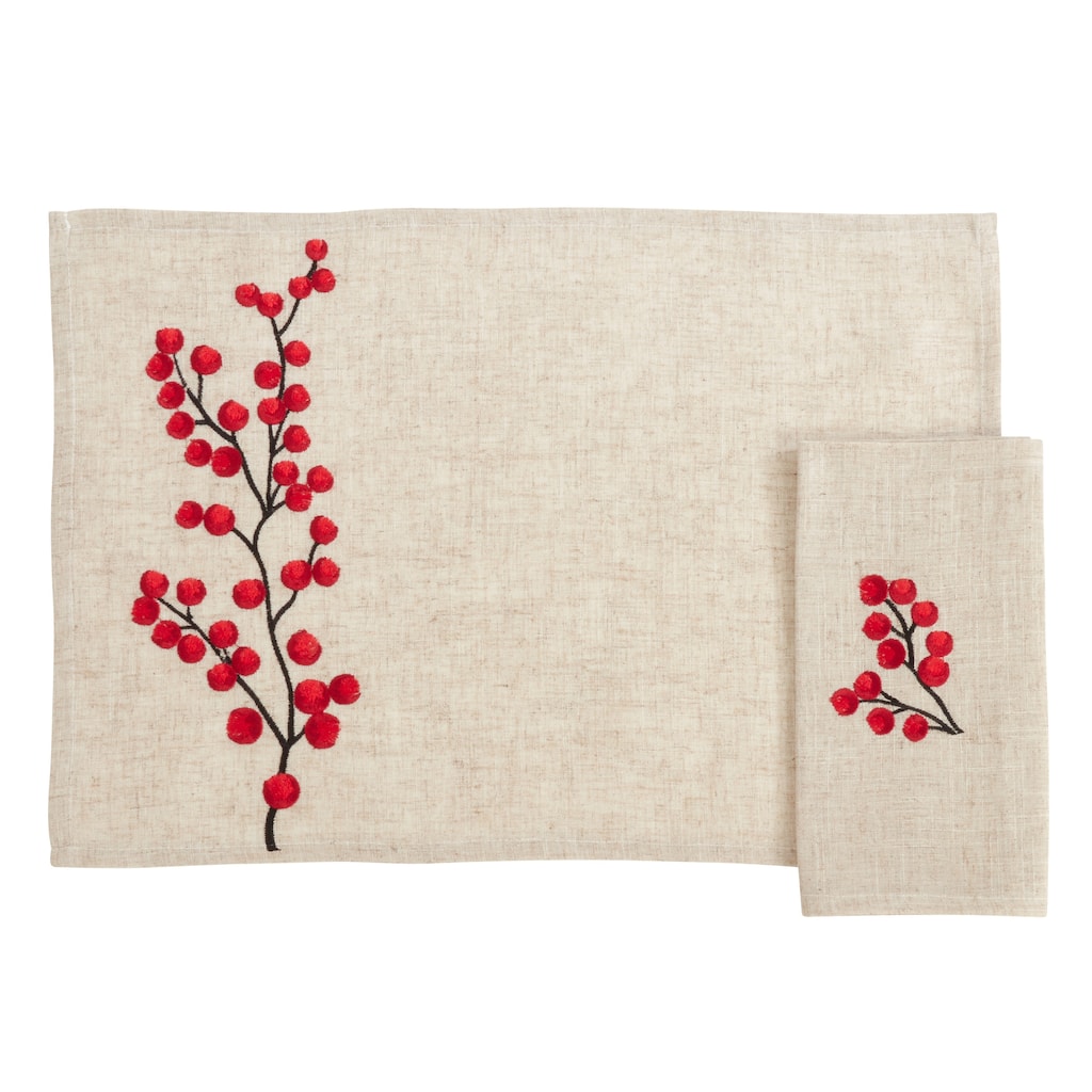 Placemat and Napkin 8pcs Set With Embroidered Berry Design (4 Placemats, 4 Napkins)