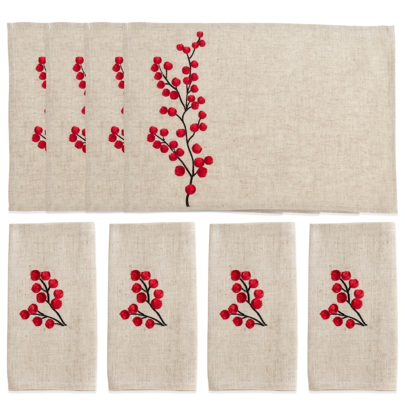 Placemat and Napkin 8pcs Set With Embroidered Berry Design (4 Placemats, 4 Napkins)
