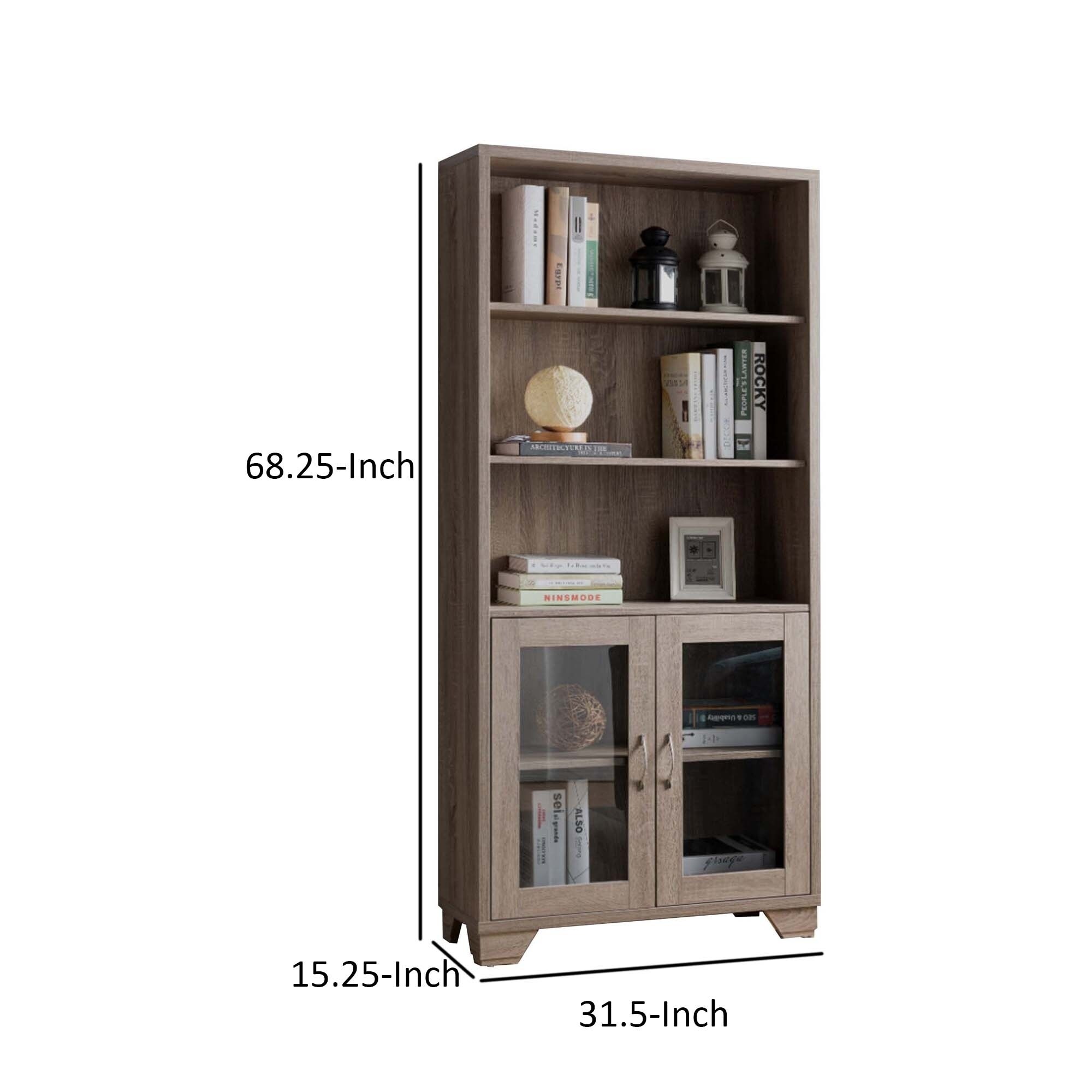 Wooden Book Cabinet With Three Display Shelves And Two Glass Doors Taupe Brown