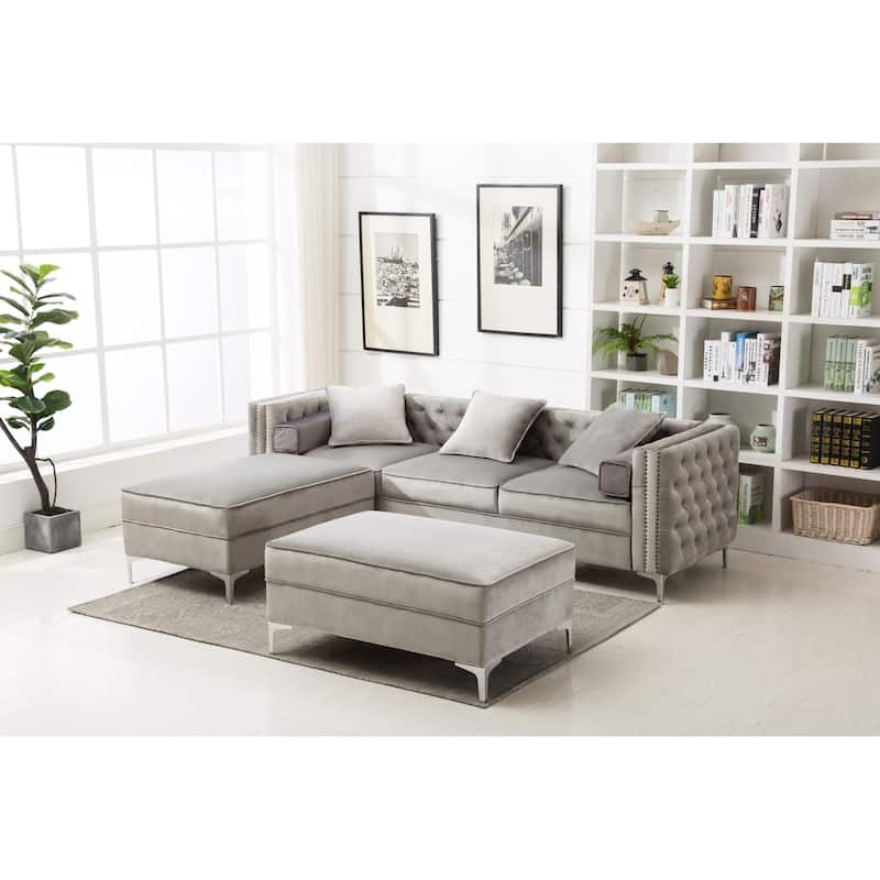 Modern Tufted Upholstered Living Room Sofa with Reversible Ottoman - Grey
