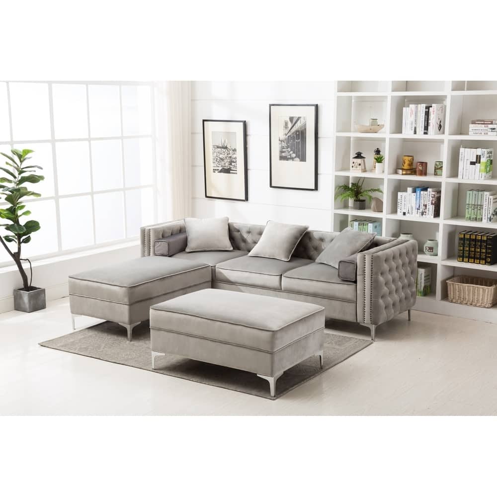 Modern Tufted Upholstered Living Room Sofa with Reversible Ottoman