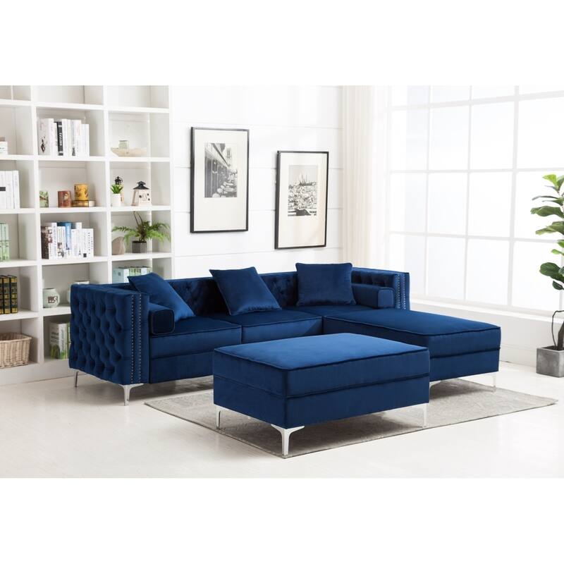 Modern Tufted Upholstered Living Room Sofa with Reversible Ottoman - Blue