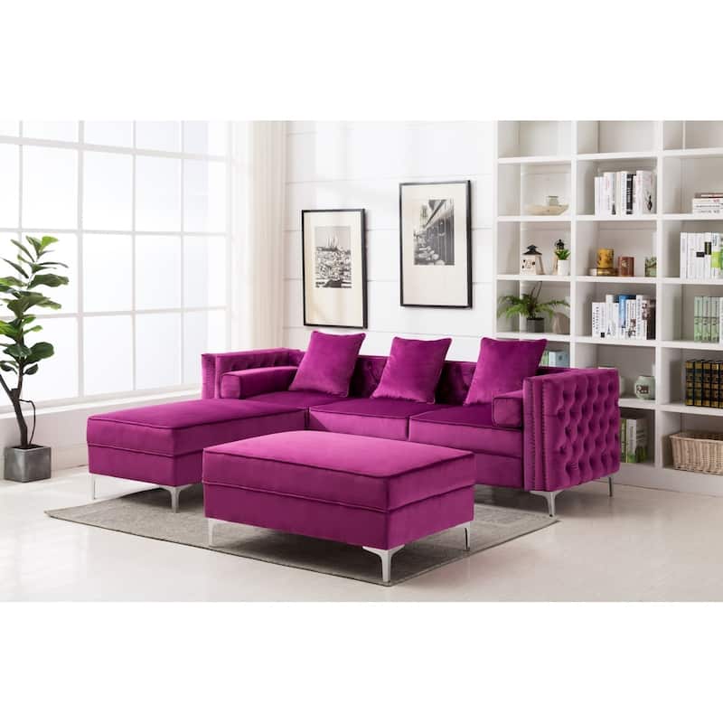 Modern Tufted Upholstered Living Room Sofa with Reversible Ottoman - Purple