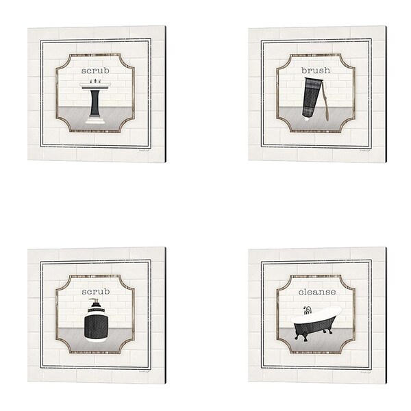 Jennifer Pugh 'Bath Cleanse, Sink Scrub, Toothbrush Brush & Soap Scrub' Canvas Art (Set of 4)