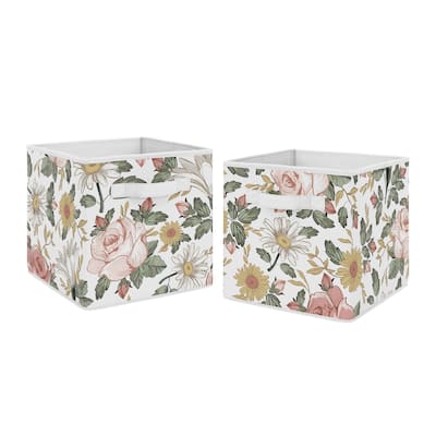 Sweet Jojo Designs Vintage Floral Boho Foldable Fabric Storage Bins - Blush Pink Yellow Green White Shabby Chic Flower Farmhouse