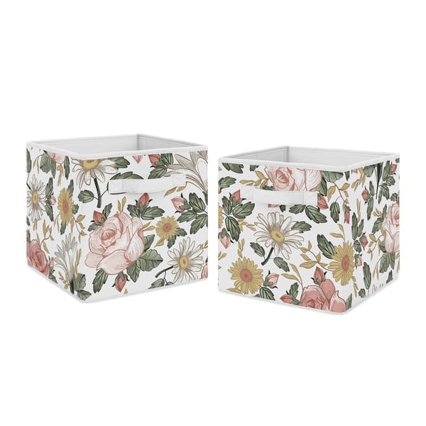 slide 2 of 2, Sweet Jojo Designs Vintage Floral Boho Foldable Fabric Storage Bins - Blush Pink Yellow Green White Shabby Chic Flower Farmhouse