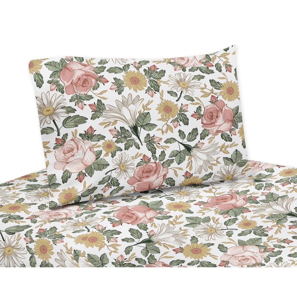 Sweet Jojo Designs Vintage Floral Boho Collection 4pc Queen Sheet Set Blush Pink Yellow Green White Shabby Chic Flower Farmhouse