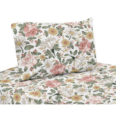 Sweet Jojo Designs Vintage Floral Boho Collection 4pc Queen Sheet Set Blush Pink Yellow Green White Shabby Chic Flower Farmhouse