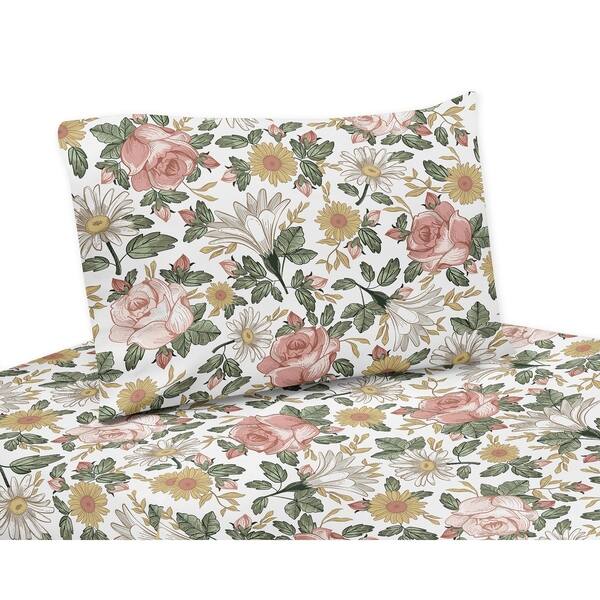 slide 1 of 1, Sweet Jojo Designs Vintage Floral Boho Collection 4pc Queen Sheet Set Blush Pink Yellow Green White Shabby Chic Flower Farmhouse