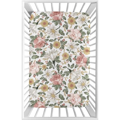 Sweet Jojo Designs Vintage Floral Boho Baby Girl Fitted Mini Crib Sheet Blush Pink Yellow Green White Shabby Chic Rose Farmhouse