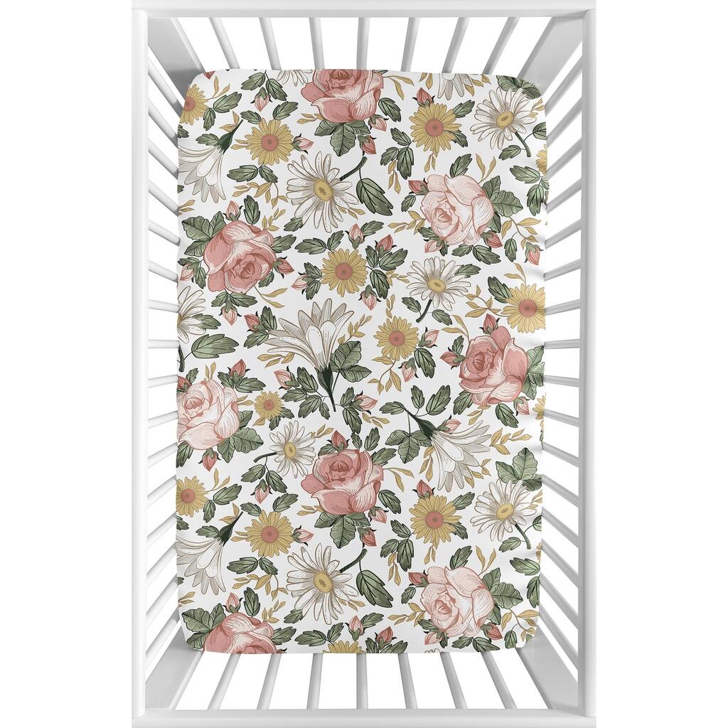 Sweet Jojo Designs Vintage Floral Boho Baby Girl Fitted Mini Crib Sheet Blush Pink Yellow Green White Shabby Chic Rose Farmhouse
