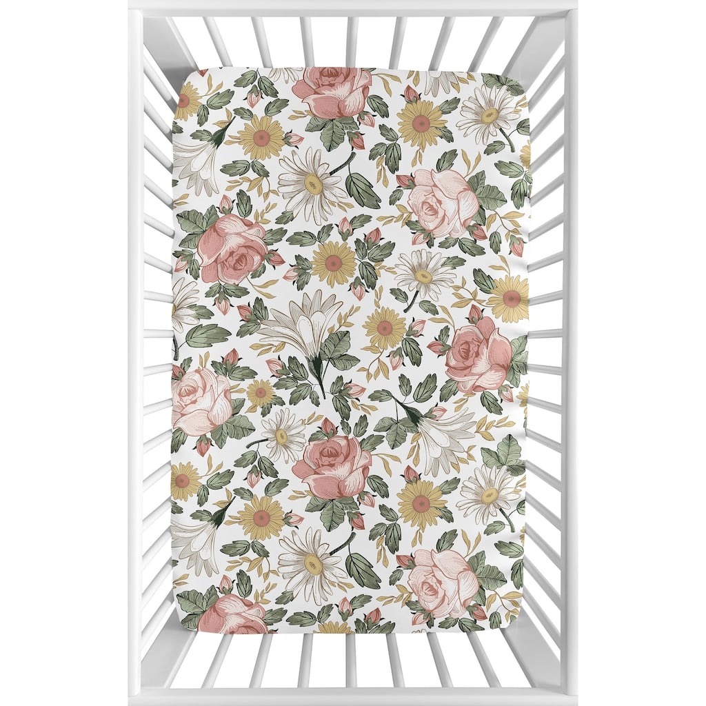 Sweet Jojo Designs Vintage Floral Boho Baby Girl Fitted Mini Crib Sheet Blush Pink Yellow Green White Shabby Chic Rose Farmhouse