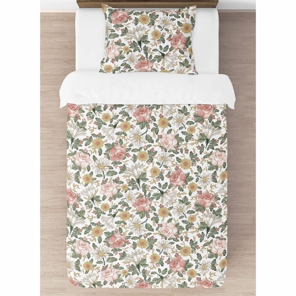 Sweet Jojo Designs Vintage Floral Boho Girl 4 Piece Twin Comforter Set Blush Pink Yellow Green White Shabby Chic Rose Farmhouse Overstock 29613174