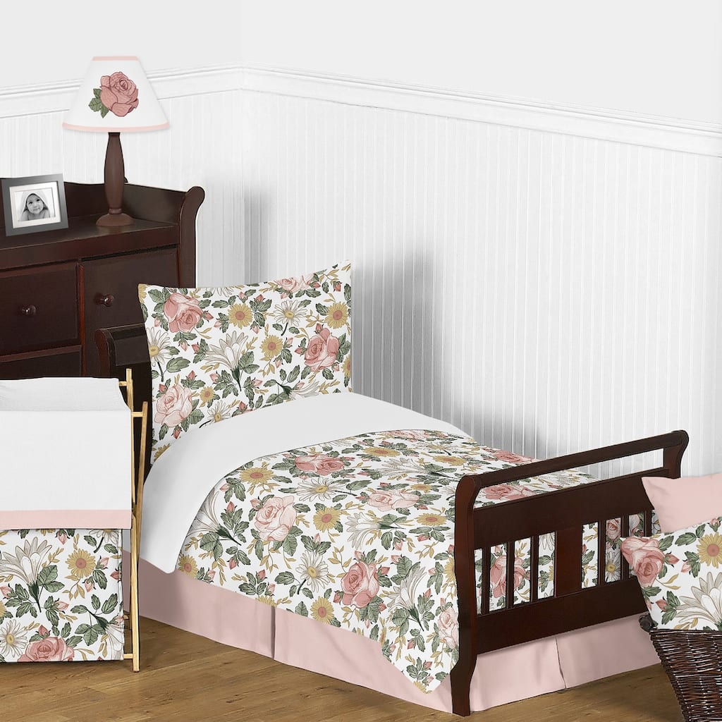 Sweet Jojo Designs Vintage Floral Boho Girl 5pc Toddler Comforter Set - Blush Pink Yellow Green White Shabby Chic Rose Farmhouse