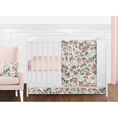 Sweet Jojo Designs Vintage Floral Boho Girl 11pc Nursery Crib Bedding Set - Blush Pink Yellow Green White Shabby Chic Farmhouse