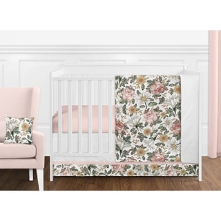 Sweet Jojo Designs Vintage Floral Boho Girl 11pc Nursery Crib Bedding Set - Blush Pink Yellow Green White Shabby Chic Farmhouse