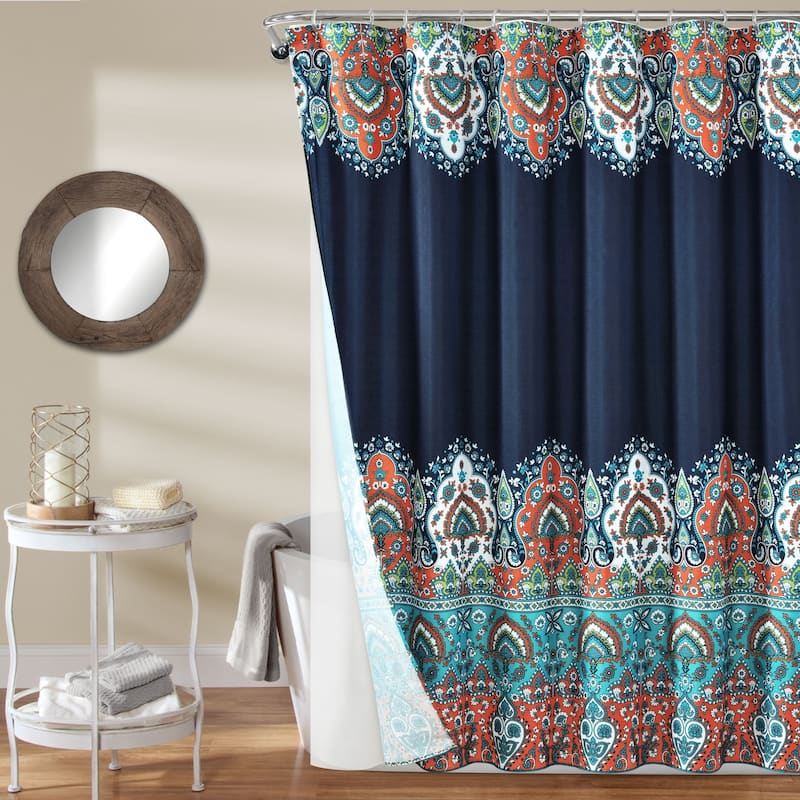 Lush Decor Bohemian Meadow Shower Curtain with Peva Lining and Rings Set - Navy