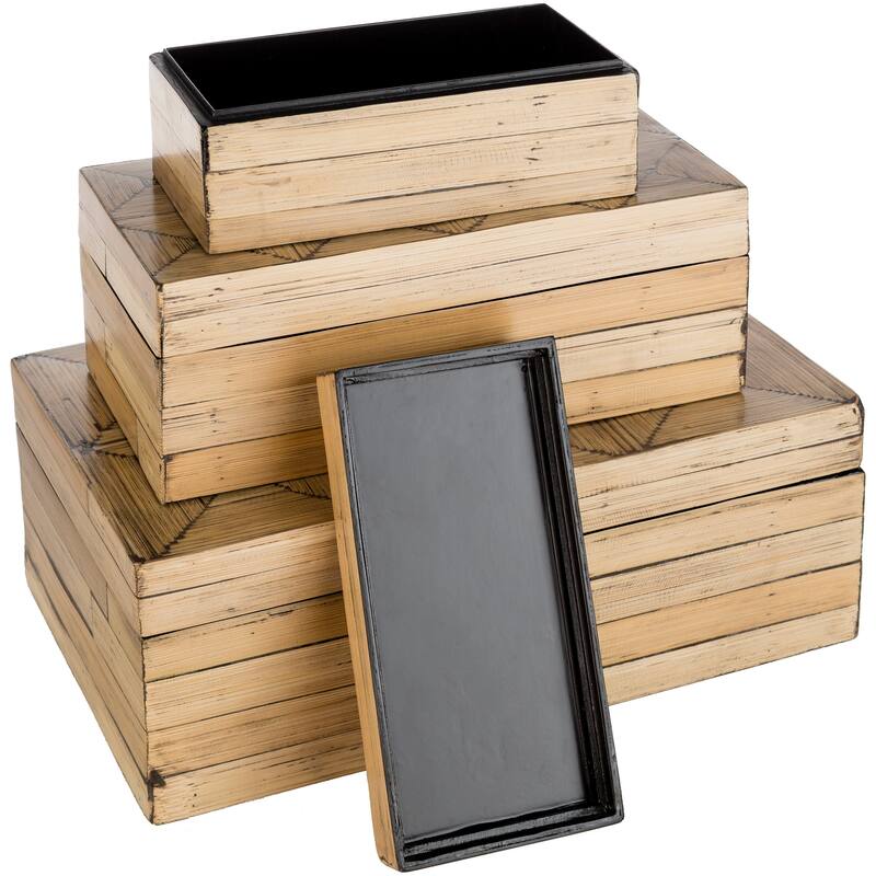 Rouzet Bohemian Bamboo Decorative Box Set (3 Piece) - 13.8" x 8.3" x 4.9"
