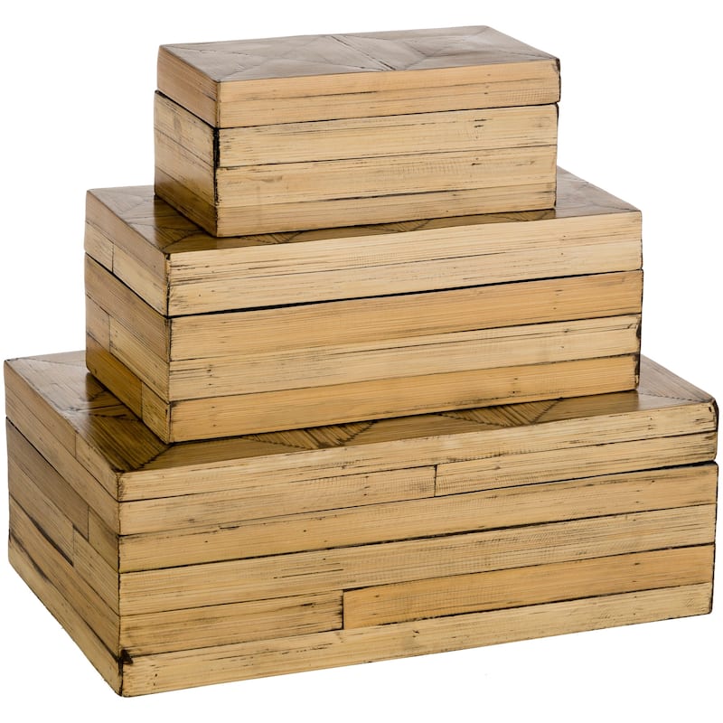 Rouzet Bohemian Bamboo Decorative Box Set (3 Piece) - 13.8" x 8.3" x 4.9" - 13.8" x 8.3" x 4.9" - Natural