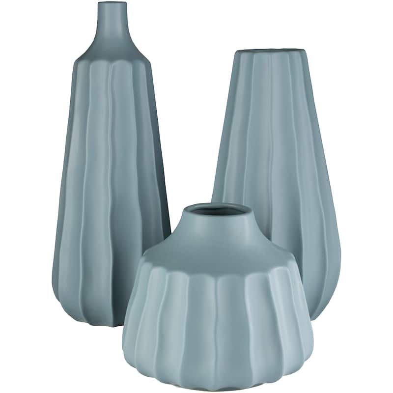 Artistic Weavers Telesco Modern Ceramic Bud Shaped Vase Set (3 pieces) - 7" x 7" x 17" - Denim