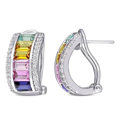 Miadora Sterling Silver Multi-Color Created Sapphire Clip-Back Earrings