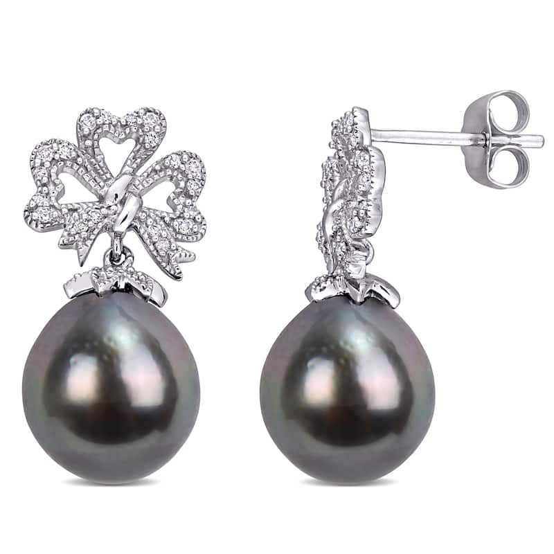 Miadora 10k White Gold Tahitian Cultured Pearl and 1/6ct TDW Diamond Ribbon Bow Earrings (9-9.5 MM)