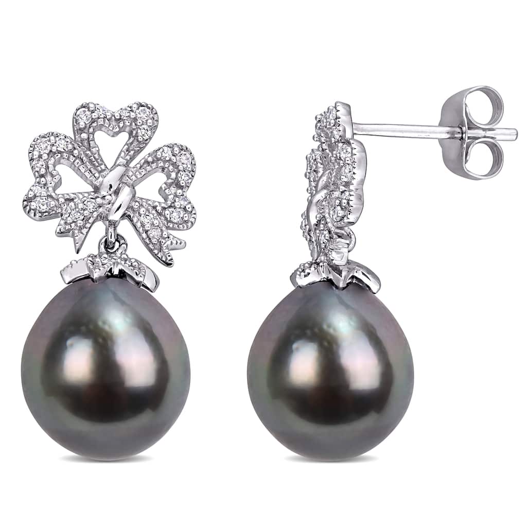 Miadora 10k White Gold Tahitian Cultured Pearl and 1/6ct TDW Diamond Ribbon Bow Earrings (9-9.5 MM)