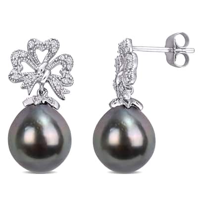 Miadora 10k White Gold Tahitian Cultured Pearl and 1/6ct TDW Diamond Ribbon Bow Earrings (9-9.5 MM)