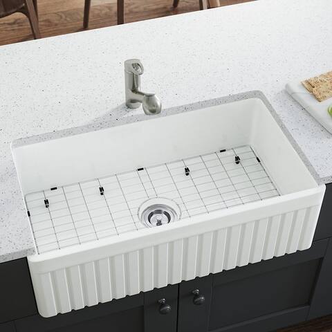 MR Direct 411 Fireclay Farmhouse Kitchen Sink, Ensemble