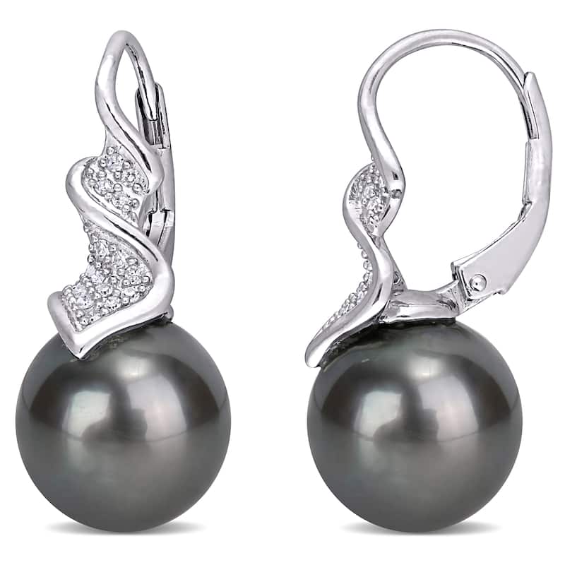 Miadora Sterling Silver Tahitian Cultured Pearl and 1/6ct TDW Diamond Crossover Earrings (9-9.5 MM)