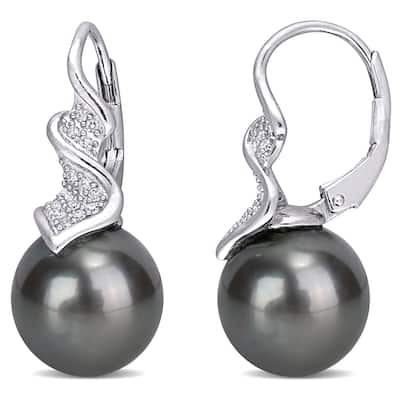 Miadora Sterling Silver Tahitian Cultured Pearl and 1/6ct TDW Diamond Crossover Earrings (9-9.5 MM)