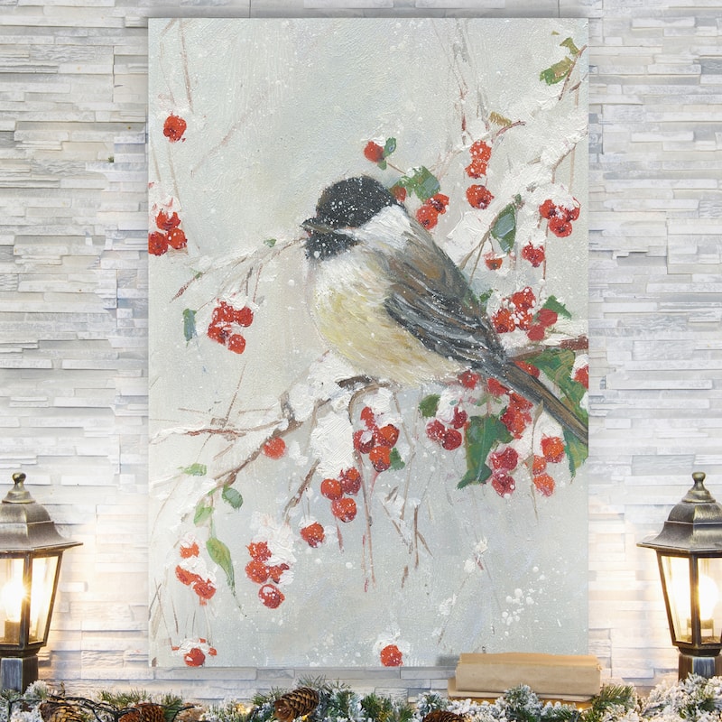 Holly Berries and Chickadee -Gallery Wrapped Canvas
