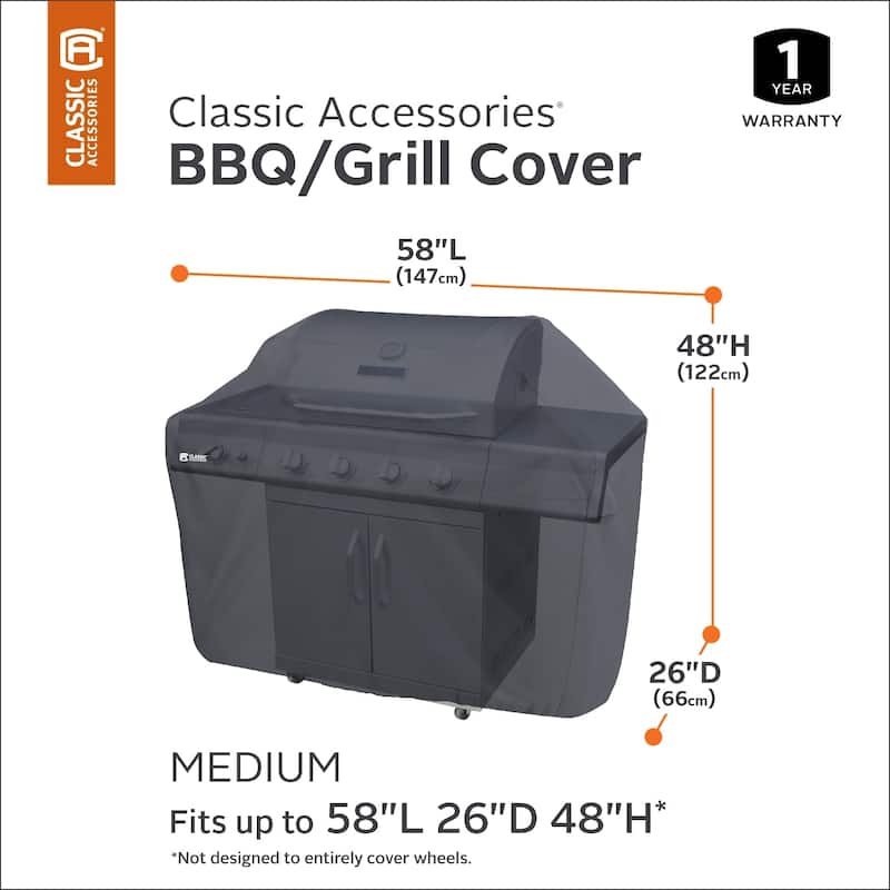Classic Accessories Water-Resistant 58 Inch BBQ Grill Cover with Coiled Grill Brush & Magnetic LED Light - Grills up to 64"L x 26"D x 48"H