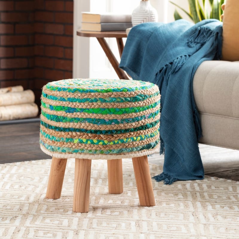 Livabliss Baeley Hand Crafted Bohemian Jute and Wood Foot Stool
