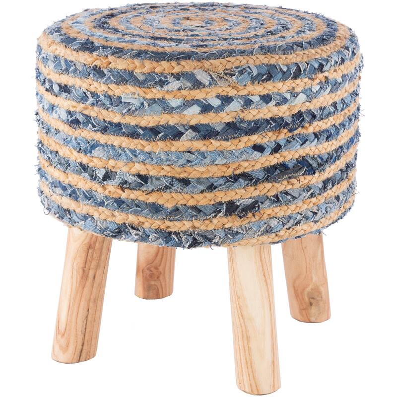 Livabliss Baeley Hand Crafted Bohemian Jute and Wood Foot Stool - Denim