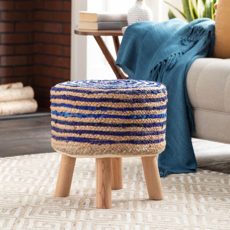 Livabliss Baeley Hand Crafted Bohemian Jute and Wood Foot Stool