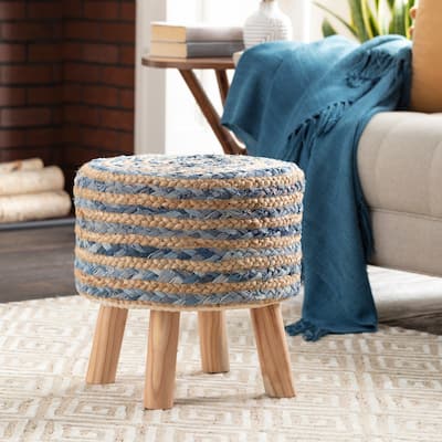 Livabliss Baeley Hand Crafted Bohemian Jute and Wood Foot Stool