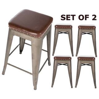 24" Stackable Industrial Distressed Rustic Bronze upholstered seat Backless Kitchen Chair Metal Barstools Set of 4 Bar Stools