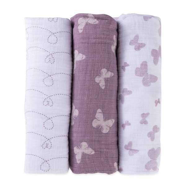 slide 2 of 3, Muslin Cotton Swaddles-3 Pack Butterfly- Lavender Purple - N/A