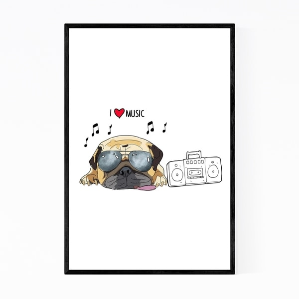 Noir Gallery Dog Music Pug Illustration Framed Art Print