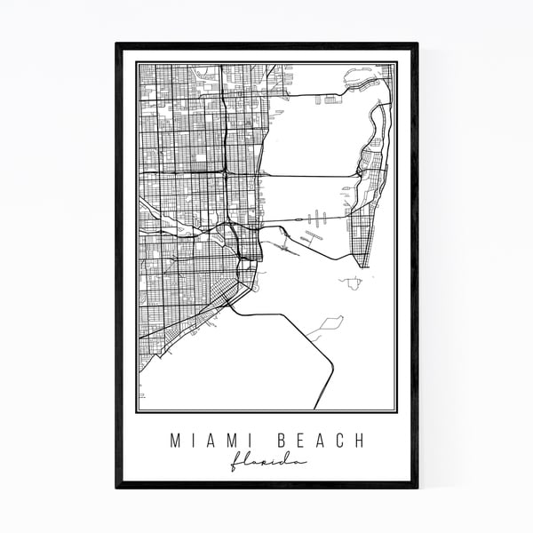 Noir Gallery Miami Beach Florida City Map Framed Art Print