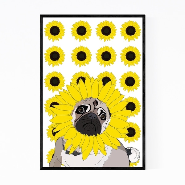 Noir Gallery Pug Dog Sunflowers Illustration Framed Art Print