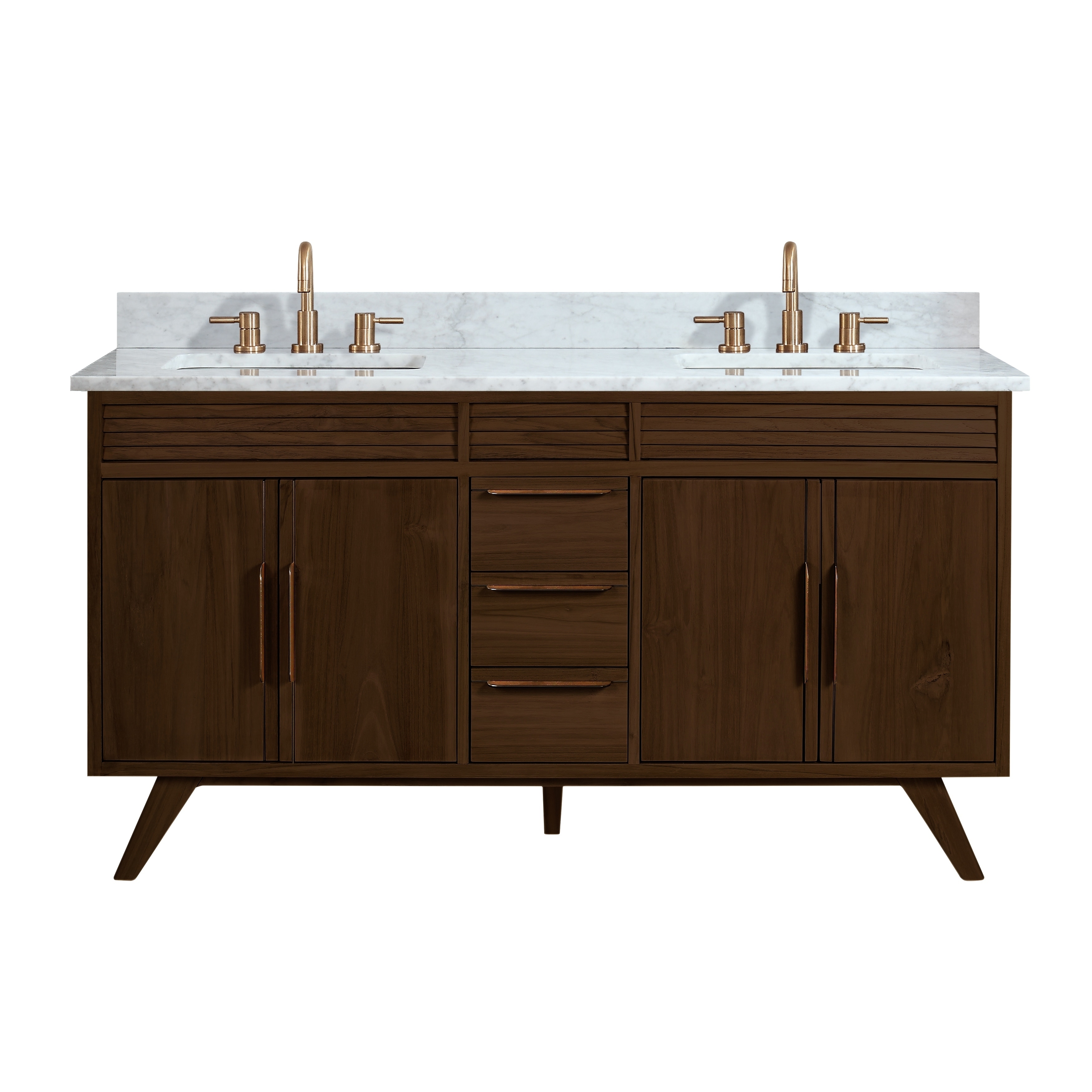 Avanity Taylor 61 In Double Sink Vanity Set In Teak With Carrara White Marble Top Overstock 29638141