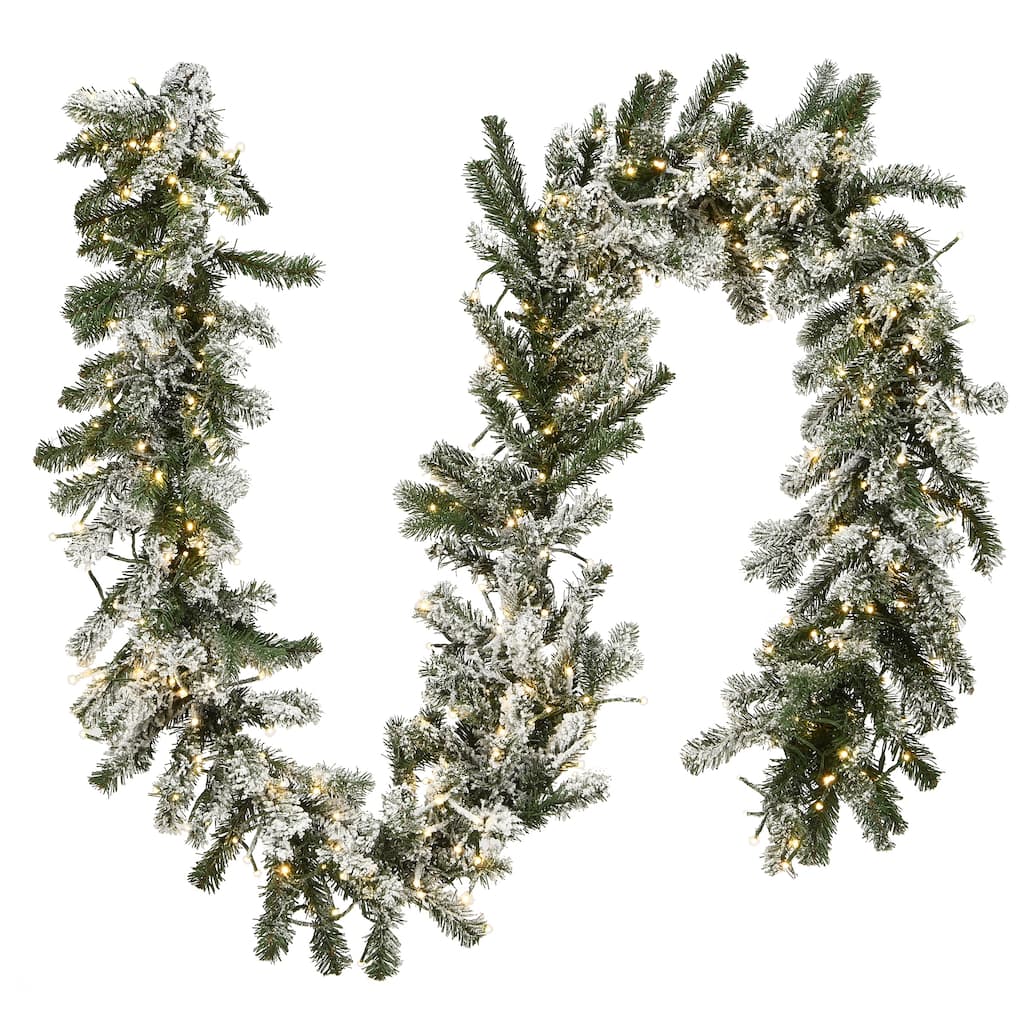 National Tree Company 9 ft. Snowy Sheffield Spruce Garland with Battery Operated LED Lights - 9 ft