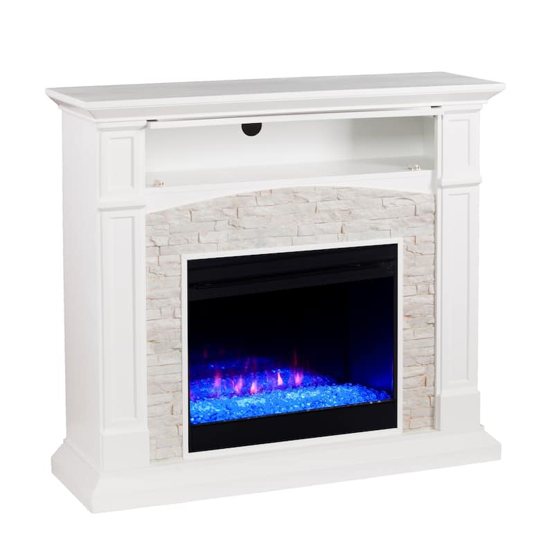 SEI Furniture Stevens Transitional Color Changing Fireplace with a White Stone Mantel and Media Storage