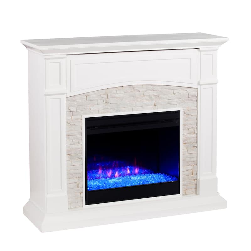 SEI Furniture Stevens Transitional Color Changing Fireplace with a White Stone Mantel and Media Storage