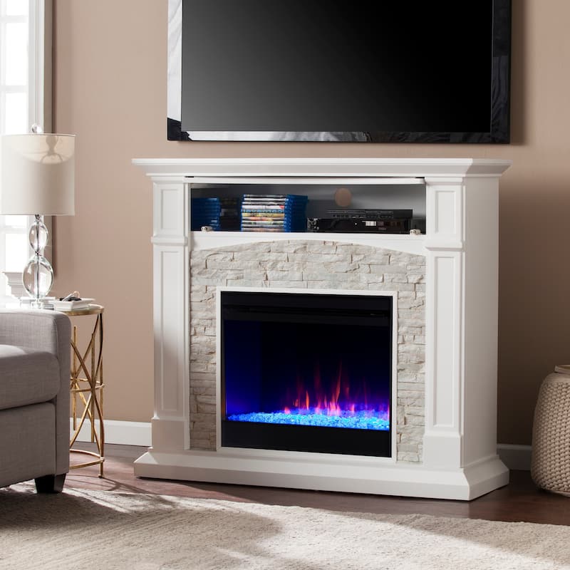 SEI Furniture Stevens Transitional Color Changing Fireplace with a White Stone Mantel and Media Storage