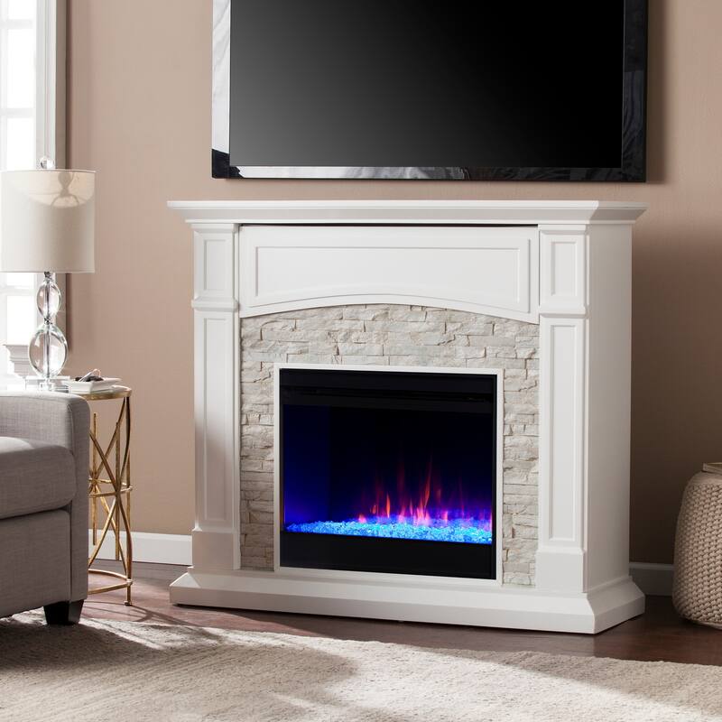 SEI Furniture Stevens Transitional Color Changing Fireplace with a White Stone Mantel and Media Storage