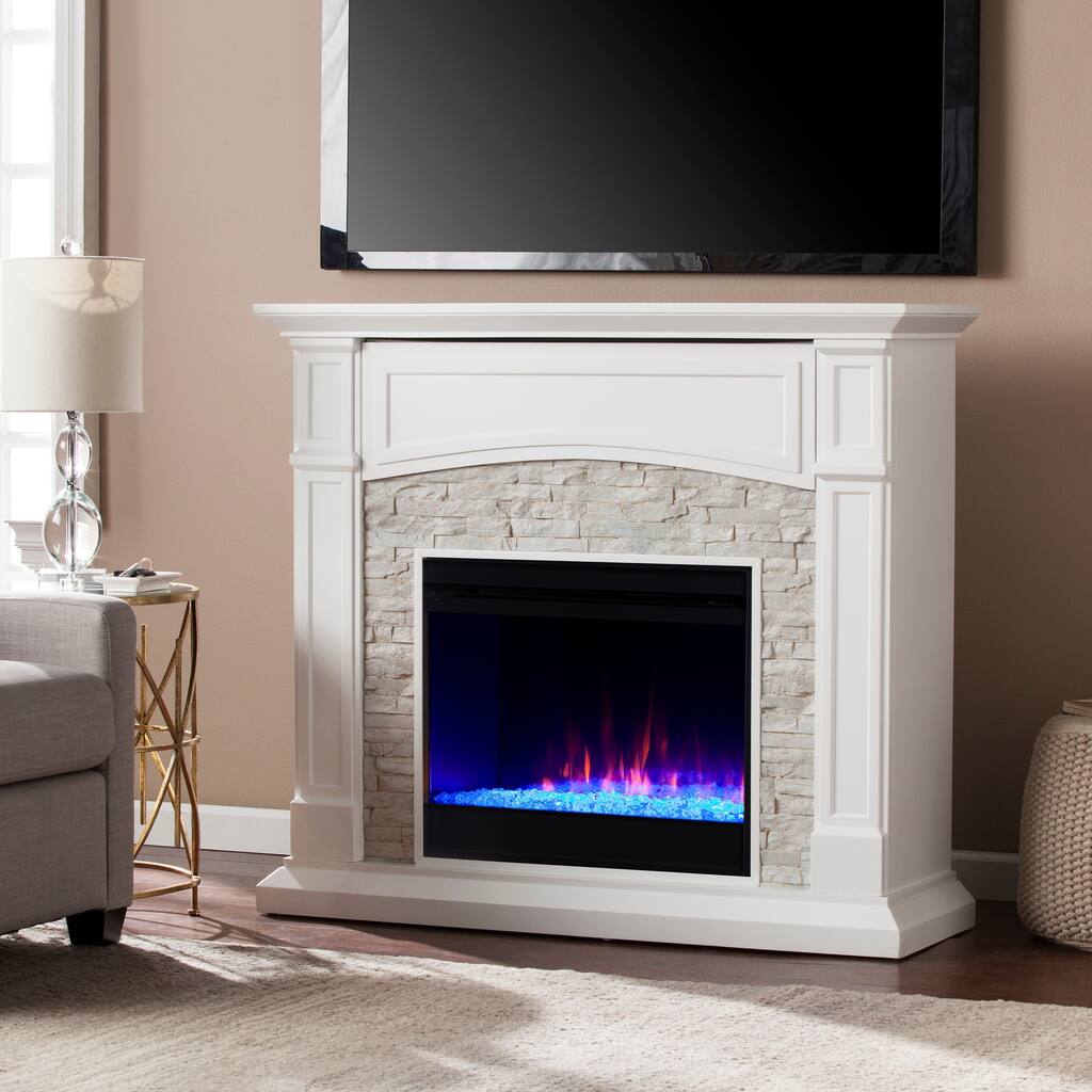 SEI Furniture Stevens Transitional Color Changing Fireplace with a White Stone Mantel and Media Storage
