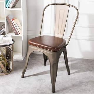 Antique Bronze Distressed Rustic Faux leather Industrial Dining Chair nail head trim Upholstered padded Seat , Set of 4, - N/A